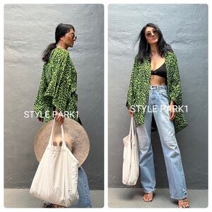 Style Park 1 Neon Green Animal Print Cheetah Kimono w/Pockets OS Bali Bohemian